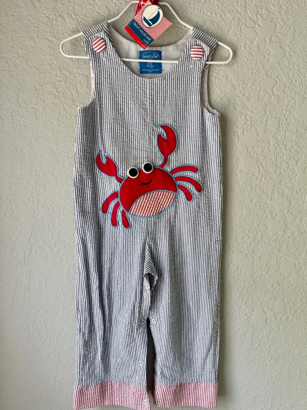 Mud Pie Blue Seersucker Crab Jon Jon Romper 2T Vacation Nautical